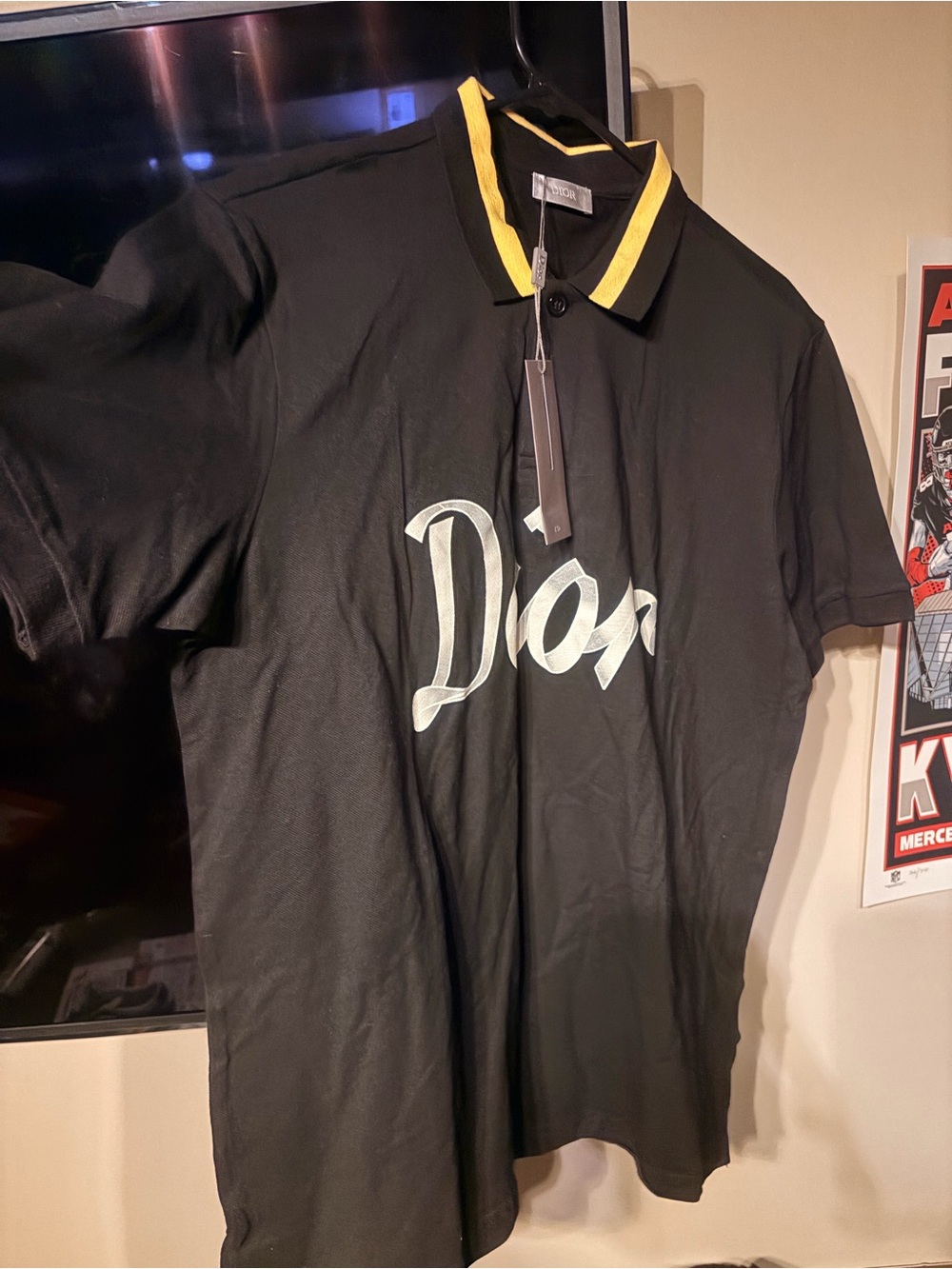 Dior Black Polo with Yellow-Trim Collar and Script Logo